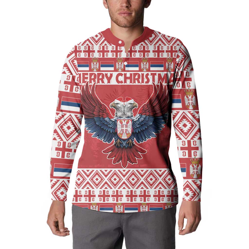 Red Christmas button sweatshirt with double-headed eagle on chest and festive trim