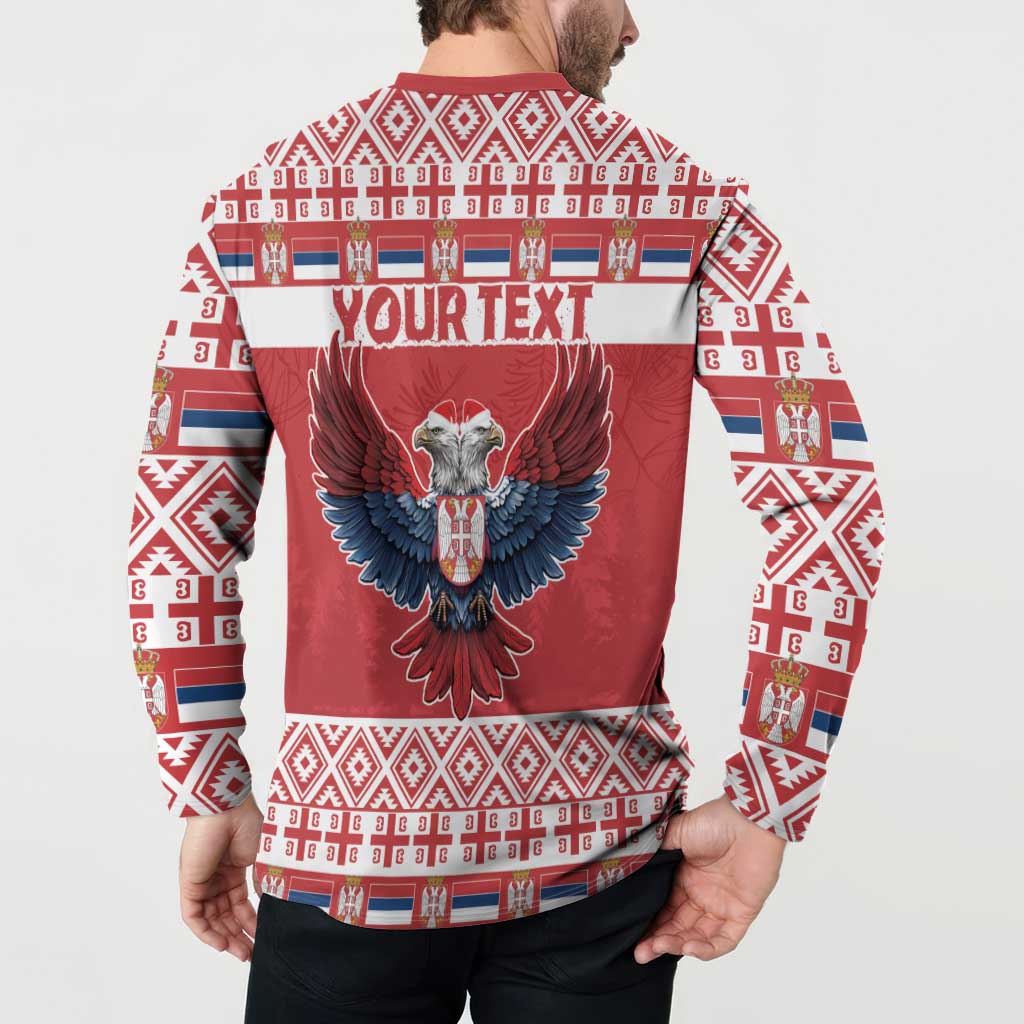 Red Christmas button sweatshirt back with double-headed eagle and 'YOUR TEXT' banner
