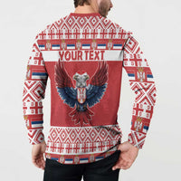 Red Christmas button sweatshirt back with double-headed eagle and 'YOUR TEXT' banner