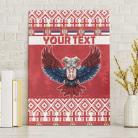 Red canvas wall art with double-headed eagle and “YOUR TEXT” in festive border design