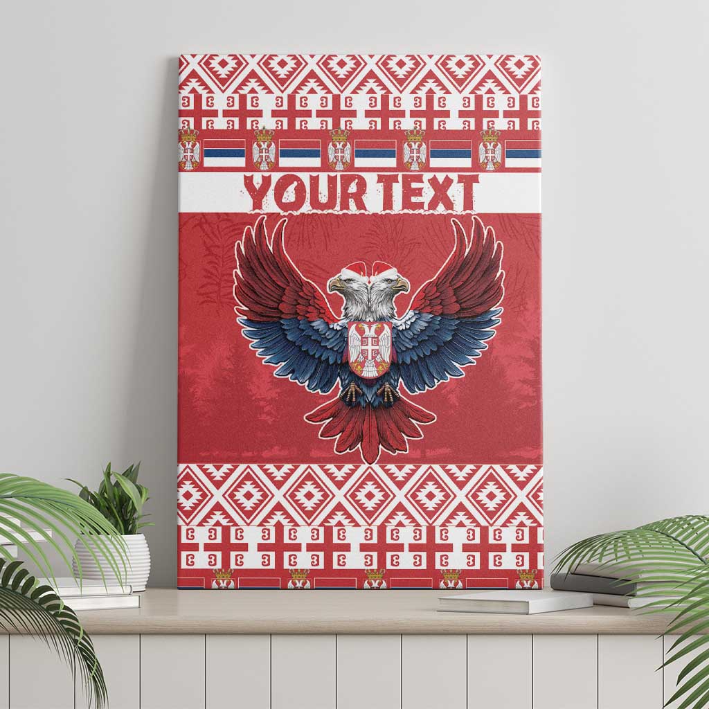 Red canvas wall art with centered double-headed eagle and patterned “YOUR TEXT” banner