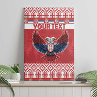 Red canvas wall art with centered double-headed eagle and patterned “YOUR TEXT” banner