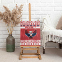 Red canvas wall art showing double-headed eagle with “YOUR TEXT” and festive trim