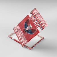 Red canvas wall art, angled view, with double-headed eagle and “YOUR TEXT”