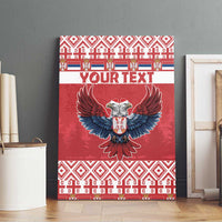 Red canvas wall art with double-headed eagle centerpiece and “YOUR TEXT” across middle