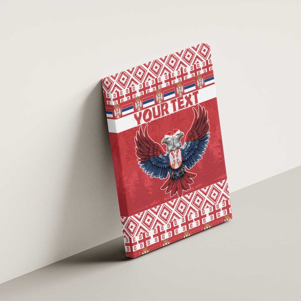 Red canvas wall art on wall with double-headed eagle emblem and “YOUR TEXT”