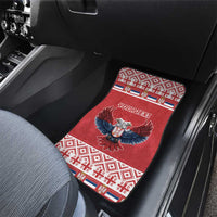 Red rear car floor mat with double-headed eagle center graphic and patterned border