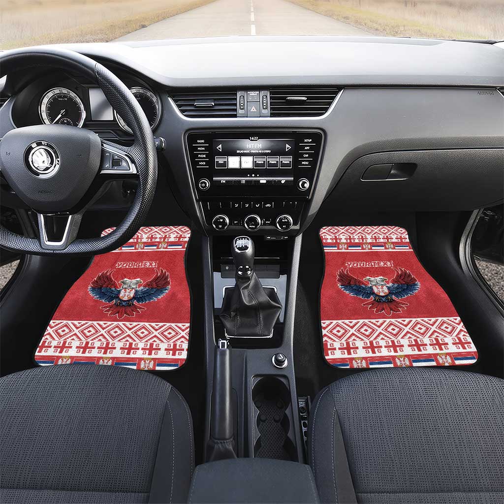 Red car floor mats with double-headed eagle emblem, front seat pair
