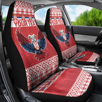 Red double-headed eagle car seat covers with “YOUR TEXT” and festive geometric pattern