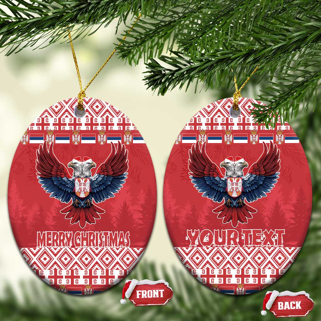 Red oval ceramic ornament with double-headed eagle, Merry Christmas and Your Text (front/back)