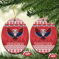 Red oval ceramic ornament with double-headed eagle, Merry Christmas and Your Text (front/back)