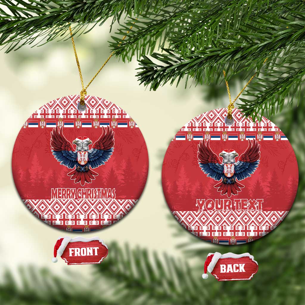 Two red round ceramic ornaments: Merry Christmas front and Your Text back with eagle crest