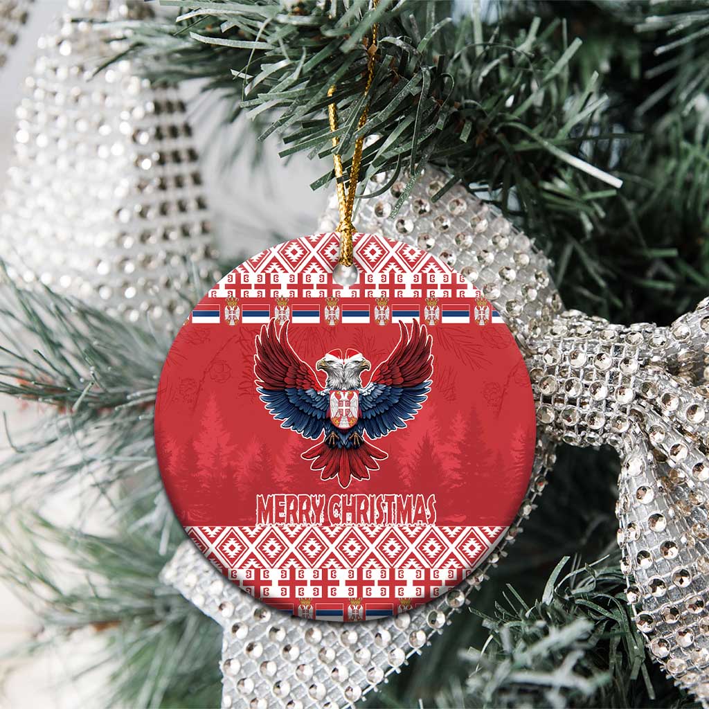 Red round ceramic Christmas ornament with double-headed eagle and Merry Christmas text