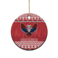 Red round ceramic Christmas ornament with double-headed eagle and Merry Christmas text