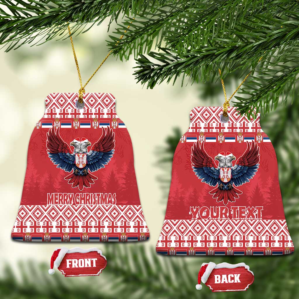 Two red bell-shaped ceramic ornaments: Merry Christmas front and Your Text back with eagle