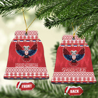 Two red bell-shaped ceramic ornaments: Merry Christmas front and Your Text back with eagle
