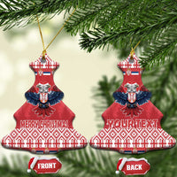 Red bell-shaped ceramic ornaments on tree: front has Merry Christmas, back has Your Text