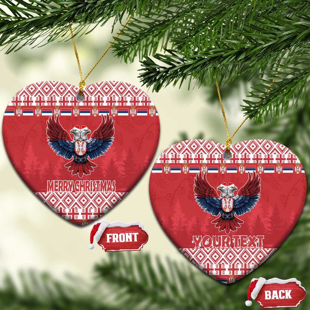 Two red round ceramic ornaments: front and back, with double-headed eagle and Merry Christmas