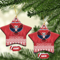 Red star-shaped ceramic ornament set: front shows Merry Christmas, back shows Your Text