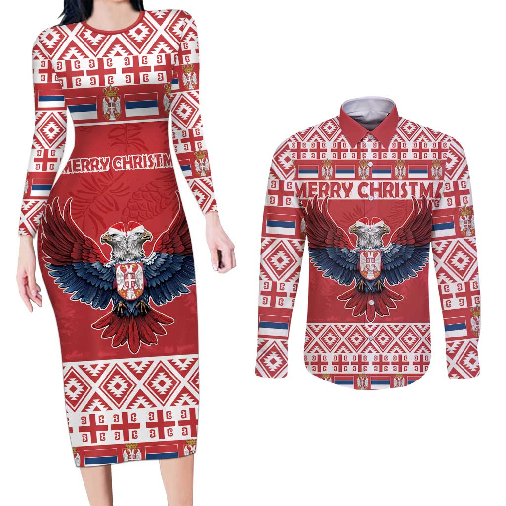 Personalized Serbia Christmas Couples Matching Long Sleeve Bodycon Dress and Long Sleeve Button Shirt Double-Headed Eagle - Red Version - Wonder Print Shop