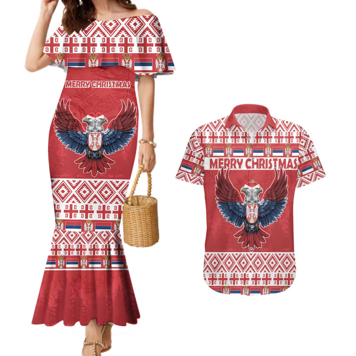 Personalized Serbia Christmas Couples Matching Mermaid Dress and Hawaiian Shirt Double-Headed Eagle - Red Version - Wonder Print Shop