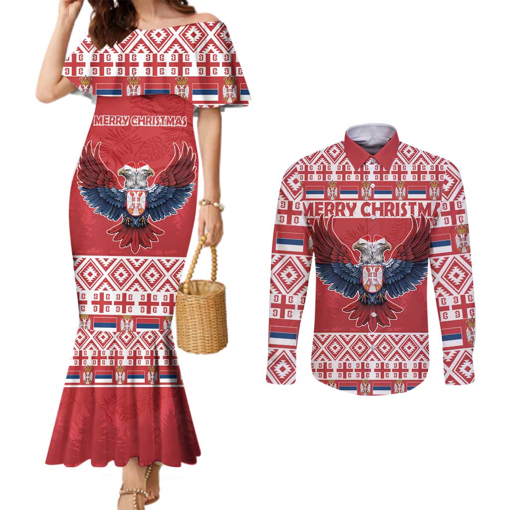 Personalized Serbia Christmas Couples Matching Mermaid Dress and Long Sleeve Button Shirt Double-Headed Eagle - Red Version