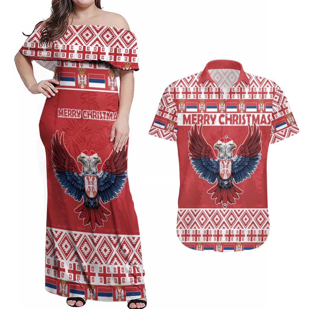 Personalized Serbia Christmas Couples Matching Off Shoulder Maxi Dress and Hawaiian Shirt Double-Headed Eagle - Red Version - Wonder Print Shop