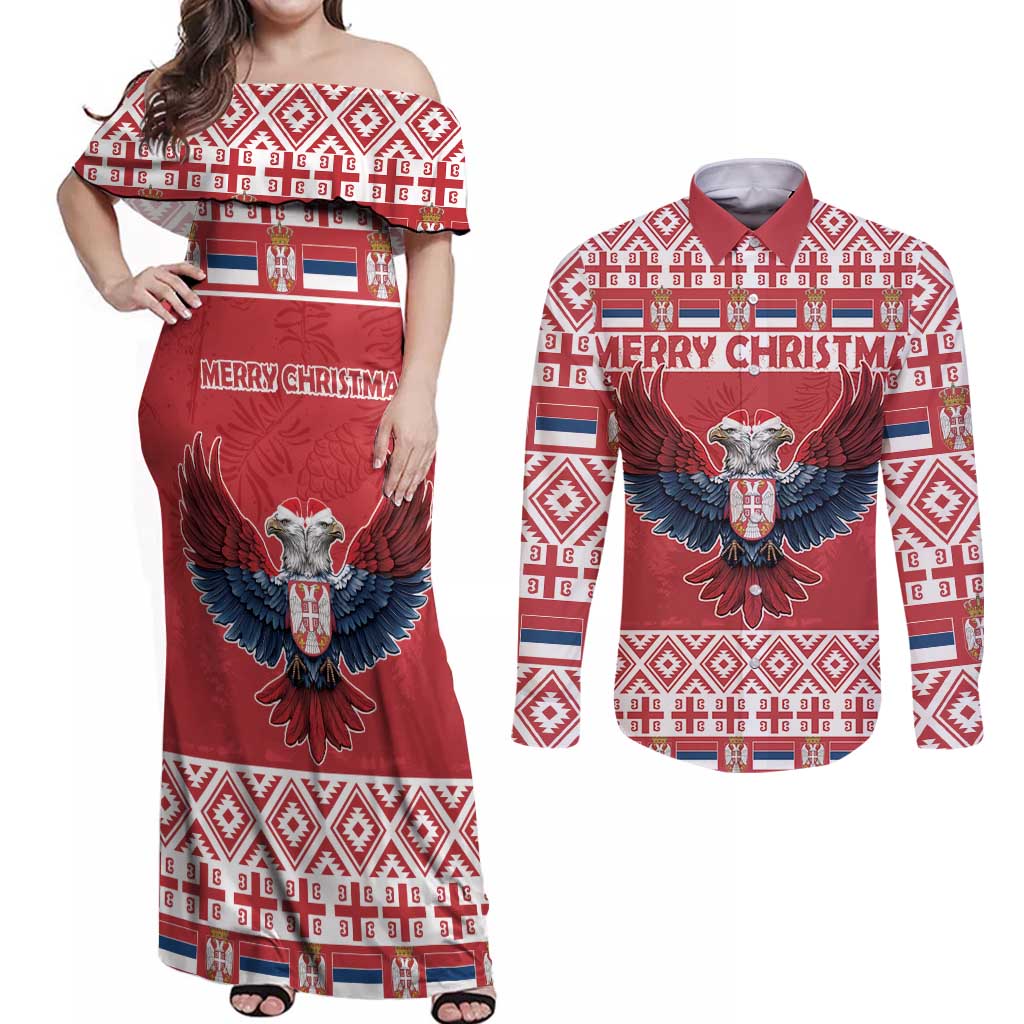 Personalized Serbia Christmas Couples Matching Off Shoulder Maxi Dress and Long Sleeve Button Shirt Double-Headed Eagle - Red Version - Wonder Print Shop