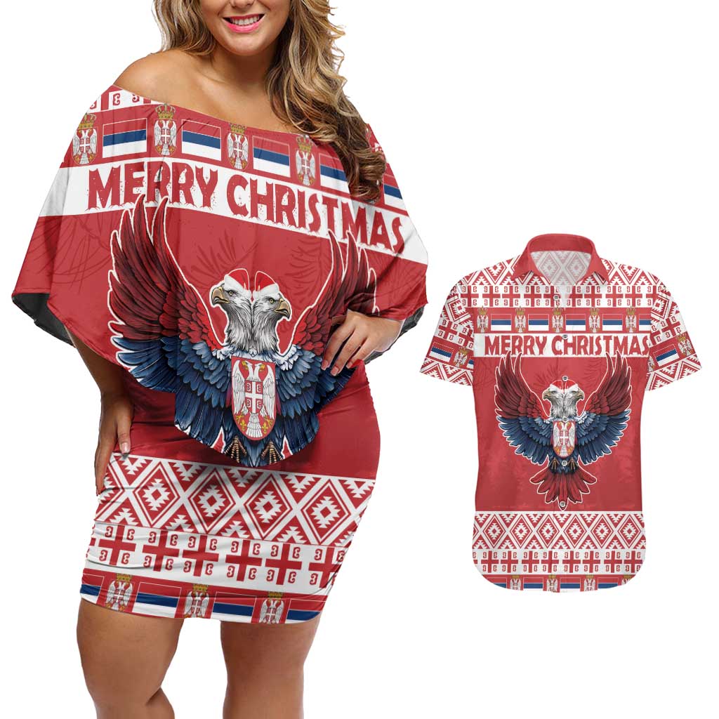 Personalized Serbia Christmas Couples Matching Off Shoulder Short Dress and Hawaiian Shirt Double-Headed Eagle - Red Version - Wonder Print Shop