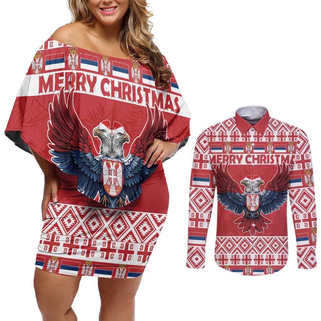 Personalized Serbia Christmas Couples Matching Off Shoulder Short Dress and Long Sleeve Button Shirt Double-Headed Eagle - Red Version - Wonder Print Shop