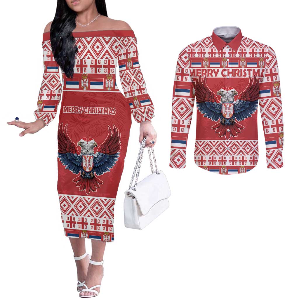 Personalized Serbia Christmas Couples Matching Off The Shoulder Long Sleeve Dress and Long Sleeve Button Shirt Double-Headed Eagle - Red Version