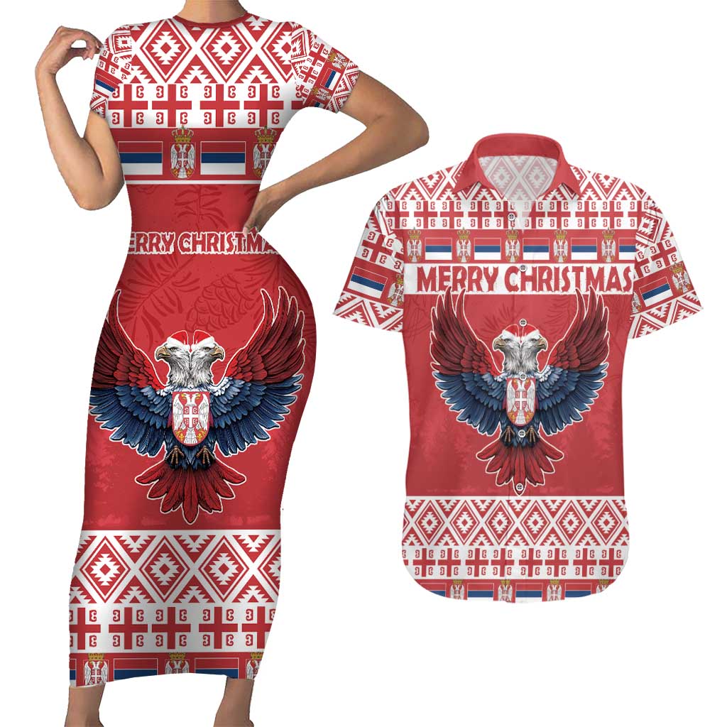 Personalized Serbia Christmas Couples Matching Short Sleeve Bodycon Dress and Hawaiian Shirt Double-Headed Eagle - Red Version - Wonder Print Shop