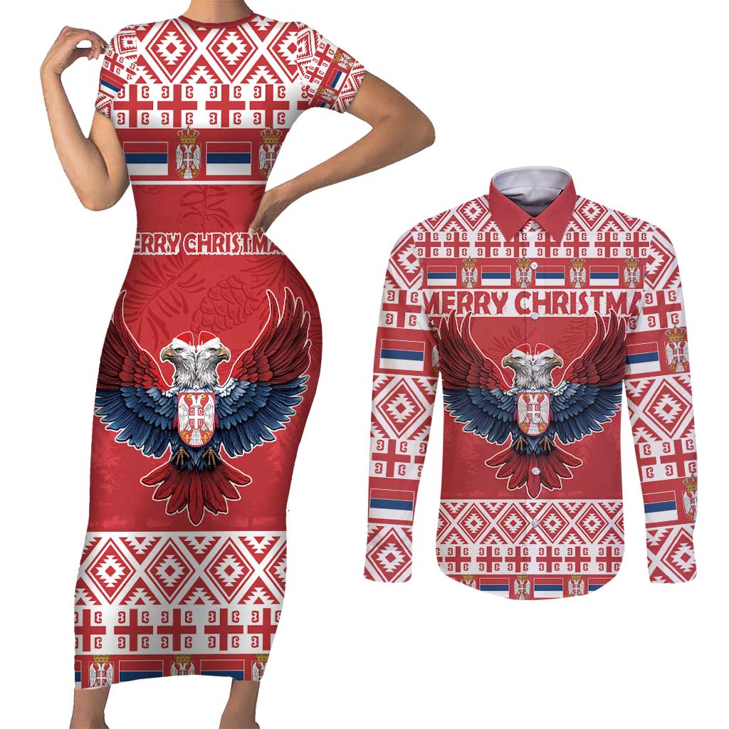 Personalized Serbia Christmas Couples Matching Short Sleeve Bodycon Dress and Long Sleeve Button Shirt Double-Headed Eagle - Red Version - Wonder Print Shop