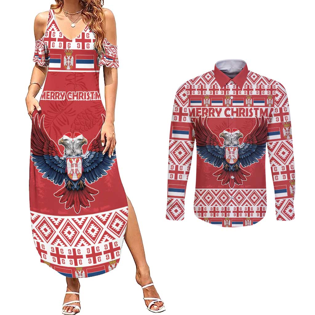 Personalized Serbia Christmas Couples Matching Summer Maxi Dress and Long Sleeve Button Shirt Double-Headed Eagle - Red Version - Wonder Print Shop