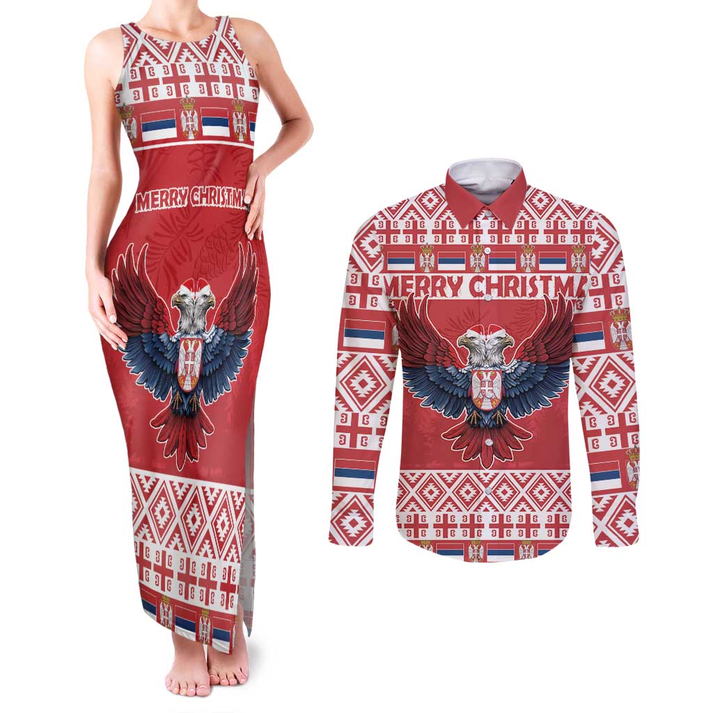 Personalized Serbia Christmas Couples Matching Tank Maxi Dress and Long Sleeve Button Shirt Double-Headed Eagle - Red Version - Wonder Print Shop