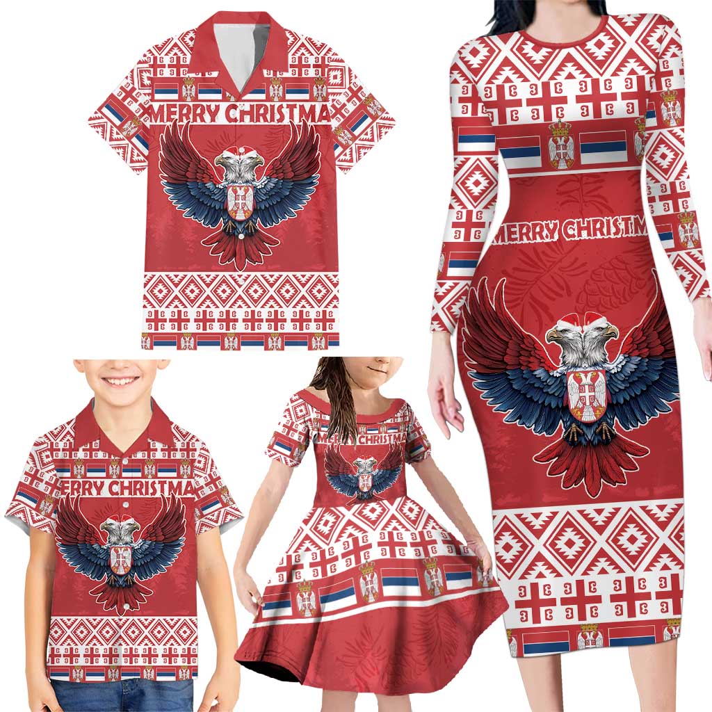 Personalized Serbia Christmas Family Matching Long Sleeve Bodycon Dress and Hawaiian Shirt Double-Headed Eagle - Red Version - Wonder Print Shop