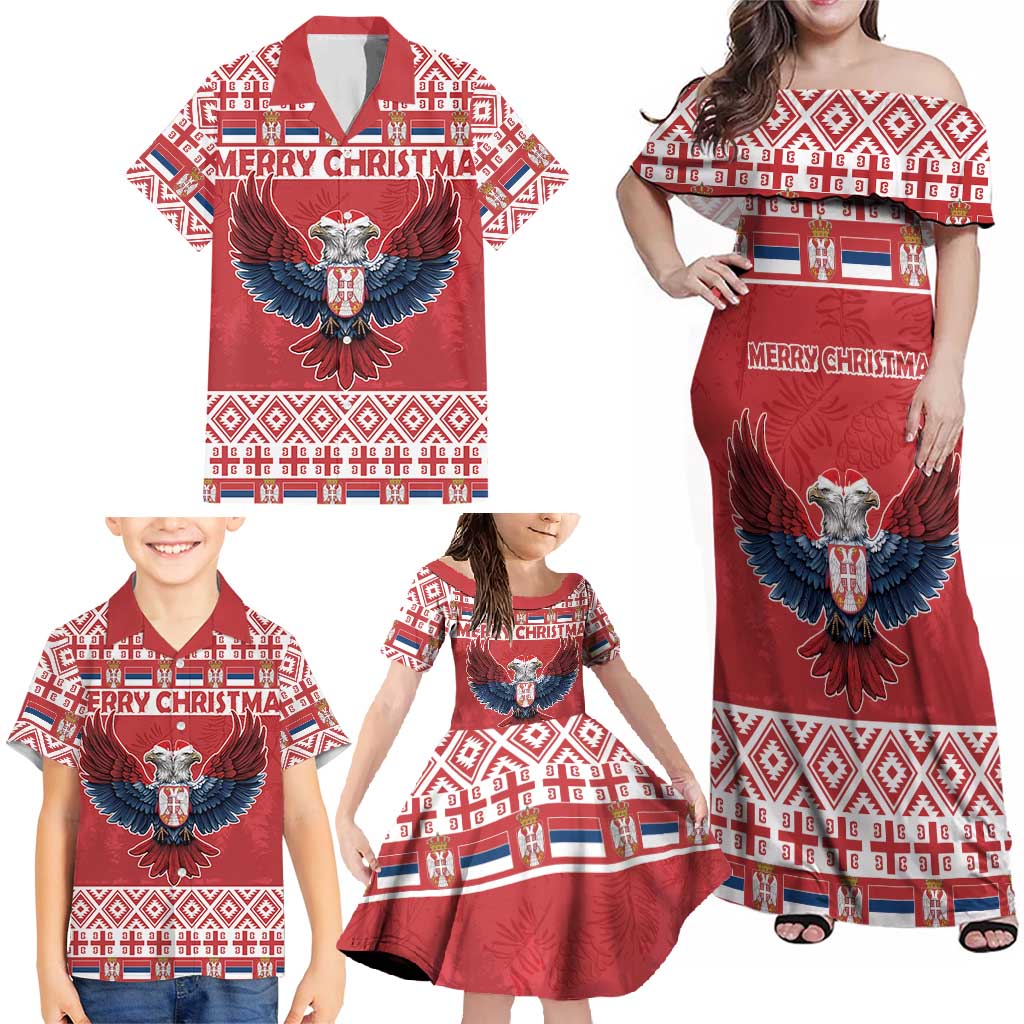 Personalized Serbia Christmas Family Matching Off Shoulder Maxi Dress and Hawaiian Shirt Double-Headed Eagle - Red Version - Wonder Print Shop