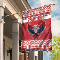 Red personalized garden flag with double-headed eagle, 'YOUR TEXT', and white border pattern