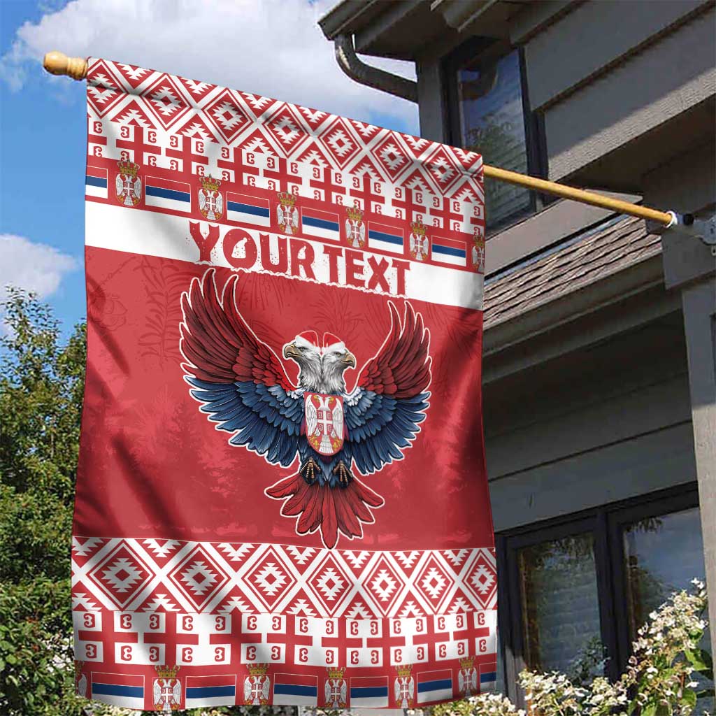 Red garden flag on pole with double-headed eagle crest and 'YOUR TEXT' band