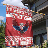 Red garden flag on pole with double-headed eagle crest and 'YOUR TEXT' band