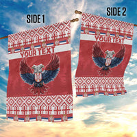 Two-sided red flag showing double-headed eagle with 'YOUR TEXT' on both sides