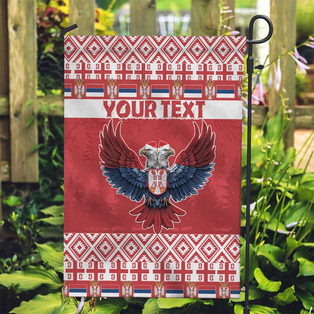 Red garden flag with double-headed eagle graphic and 'YOUR TEXT' center stripe