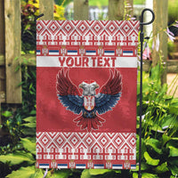 Red garden flag with double-headed eagle graphic and 'YOUR TEXT' center stripe