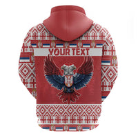 Red pullover hoodie back with eagle graphic and “YOUR TEXT” across the center