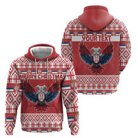 Red pullover hoodie front and back shown together, featuring eagle graphic