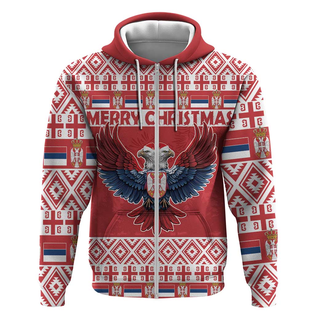 Red pullover hoodie front view with eagle emblem and red-white patterned sleeves