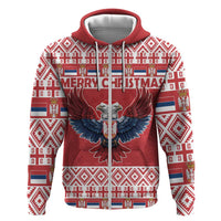 Red pullover hoodie front view with eagle emblem and red-white patterned sleeves