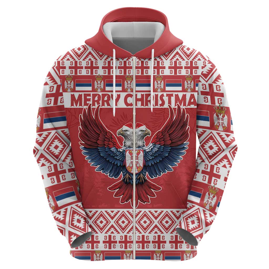 Red pullover hoodie with eagle graphic and “MERRY CHRISTMAS” text in upper chest area