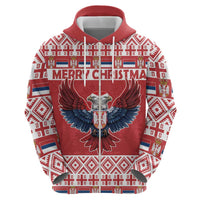 Red pullover hoodie with eagle graphic and “MERRY CHRISTMAS” text in upper chest area