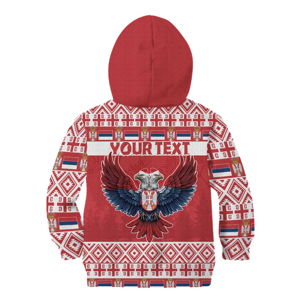 Red kids pullover hoodie back with eagle graphic and “YOUR TEXT” on the center.